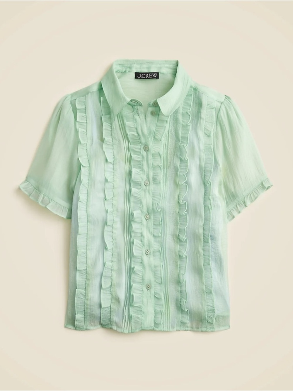 J. Crew Sheer Ruffle Button Up Blouse Green 2